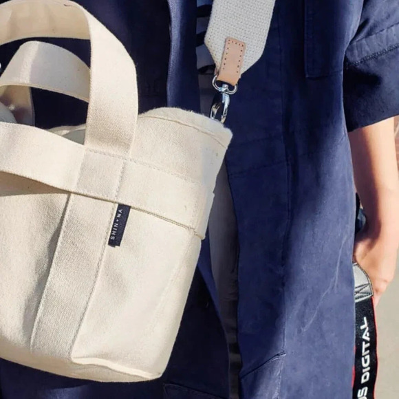 SHIN+NA Limited Edition THE CROSSBODY MINI CANVAS TOTE Bag in Taupe - Picture 3 of 16